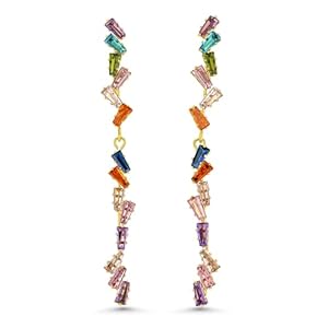 Dainty Long Colorful Gemstone Linear Drop Earrings, Multi Color Rhinestone Stud Statement Earrings, Trendy Chic Boho CZ Gold Plated Jewelry Gift for Women.