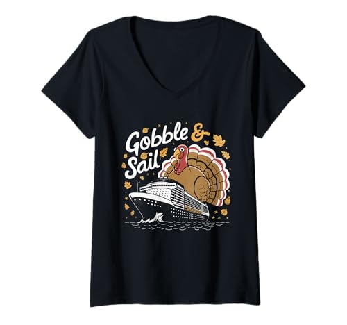 Mujer Equipo de cruceros de Acción de Gracias de Gobble Turkey Family Cruising Sail Camiseta Cuello V