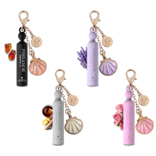 PUREAMOR Pheromone Perfume for Women, Floral Fruity 4-Pack Keychain Set β 4 Scents: Amber Noir, Tea Dreamer, Lavanda Vida & Balboa Rosa, Mini 30% High Conc, Ultra-Portable, 0.07 oz / 2 ml Ea