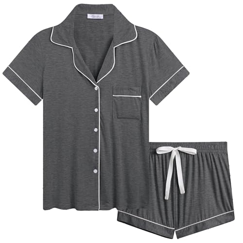 Image of Cherrydew Women Bamboo Viscose Super Soft Comfy Summer Cooling Short Sleeve Button Down Pajama Shorts Set S-XXL