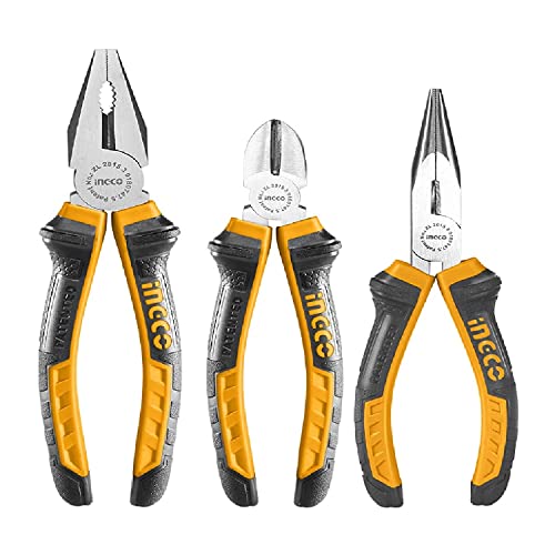 INGCO 3Pcs Pliers Set, 8" Combination Pliers and 6" Diagonal Cutting Pliers and 6" Long Nose Pliers HKPS08318