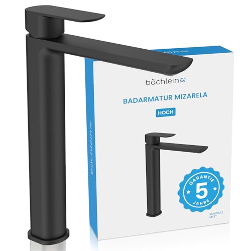 Bächlein Badarmatur Mizarela hoch in klassischem Design, Einhebelmischer für Aufsatzwaschbecken mit langlebiger Keramikkartusche und Montage-Set, Bad Wasserhahn Matt Schwarz - flacher Auslauf