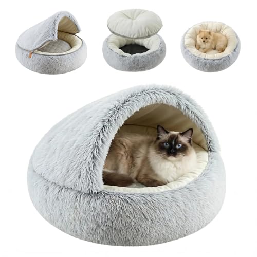 2-in-1 Convertible Cat & Dog Bed Cave with Removable Zipper Hood, Converts to Calming Donut Bed, Reversible Plush & Cooling Ice Silk Cushion (Grey, 19.7 in Small Size)