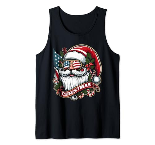 Santa Claus Patriotic USA Sunglasses Christmas in July Santa Camiseta sin Mangas
