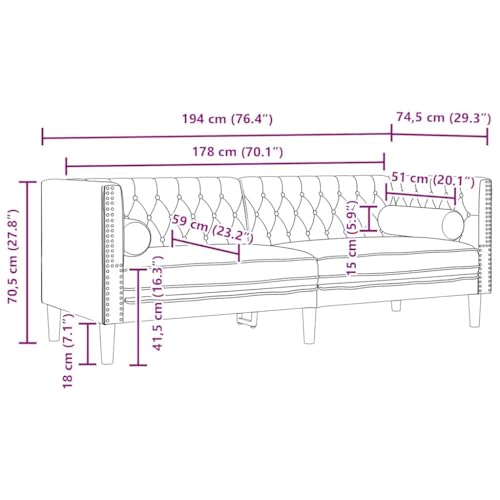 YuuSsea Chesterfield Sofa Argyle Hellgrau, 194 cm Samt, Elegant für Wohnzimmer & Schlafzimmer, Klassisch Modernes Design, 3-Sitzer Couch mit Gerollten Armlehnen, Bequeme Möbel – Bild 3