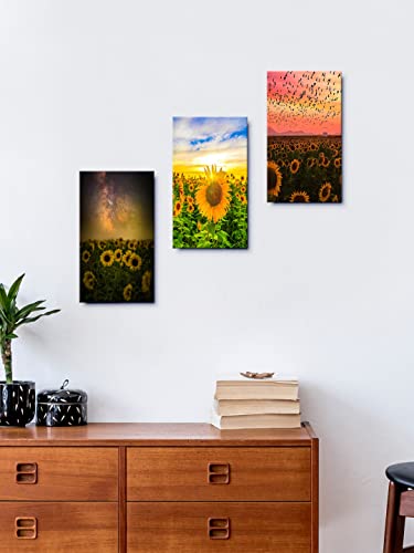 Image of 999STORE The Rising Sun Over Sunflowers home room decor framed stylish modern wall frames hanging items for living (Set of 3 Panels Paper Print 24X15 Inches) MDF3Frames021