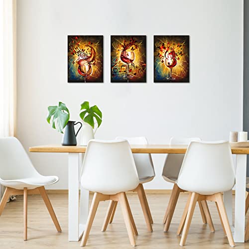 Vanseeing 3 Piece Modern Canvas Wall Art Romantic Red Wine Splash Painting For Kitchen Dining Room Pub Bar Wall Decor Wine Glass With Music Notes Picture Print On Canvas Contemporary Art Stretched And Framed 12X16Inchx3Pcs #TOP3