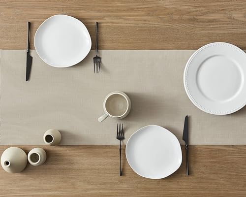 Image of ZeeMart Linen Textured Border Table Runner, 14 x 108 Inch Natural, Farmhouse Style Neutral Table Runners 108 Inches Long, Easy Care Everyday Polyester Table Runner