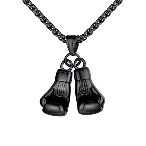 U7 Men Women Fitness Dumbbell Necklace Stainless Steel Weight Plate Barbell Chain Pendant Necklace,Chain 22"+2" Extender, with Gift Box F-Black Boxing