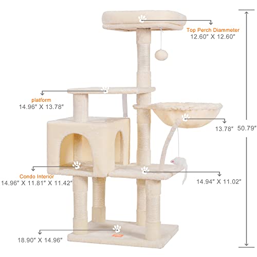 Image of Heybly Cat Tree with Toy, 43.3 inch Cat Tower for Indoor Cats HCT004M | Cat Condo with Durable Sisal Scratching Posts, Cat House with Padded Plush Perch, Cozy Hammock, Beige