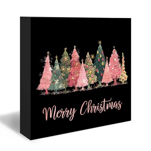 DUXMNAMG Christmas Tree Wood Box Sign, Merry Christmas Tree Desk Shelf Decor, Black and Pink Christmas Winter Tree Light Wooden Block Plaque Box Sign for Home Room Office Table Decor