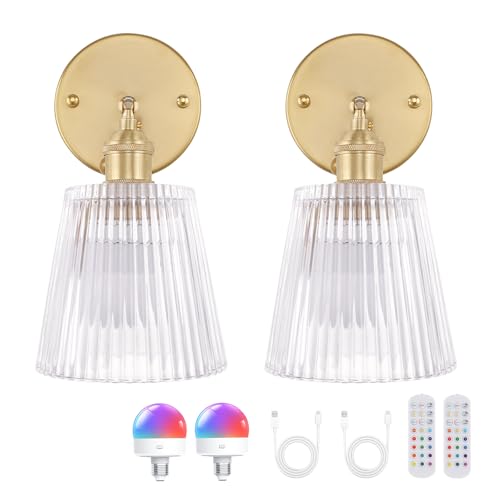 Image of Shenmoyl Vintage Battery Operated Wall Sconce with Transparent Stripe Glass Lampshade Rechargeable Battery Powered Wall Light with Remote Control for Bedside Bedroom Doorway, Set of 2
