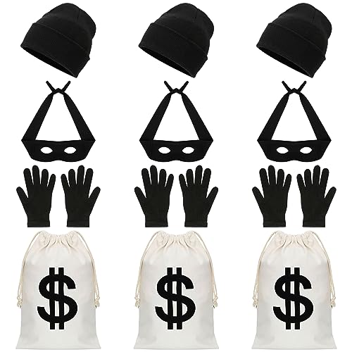 QZYL 12 PCS Robber Costume Set, Thief Cosplay Beanie Cap Gloves Eye Masks Canvas Money Bags for Halloween Burglar Theme Party