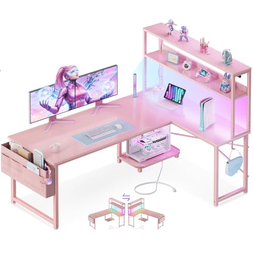 ODK 53' L Shaped Gaming Desk with Shelves, LED & Outlets, Pink