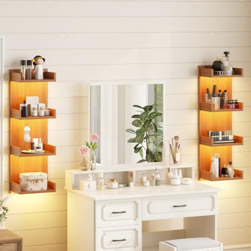 Image of HOOBRO Floating Wall Shelves with LED Lights, Floating Shelf Wall Mounted | Shelf for Storage, Vertical Display Stand, Modern Column Rack, for Bedroom, Livingroom, 4-Tier, 35.4 Inches, Walnut