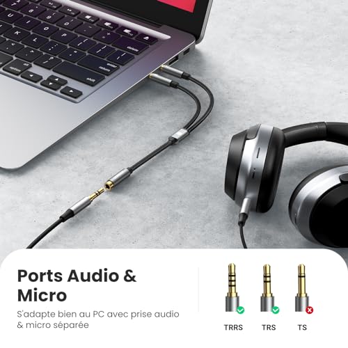 UGREEN Adaptador Splitter Jack 3.5mm Micro y Auriculares Separador de Audio y Micrófono con HiFi Sonido Mic 1 Hembra a 2 Macho Compatible con Gaming Cascos de PS4 Xbox EarPods PC (20CM) - imagen 4