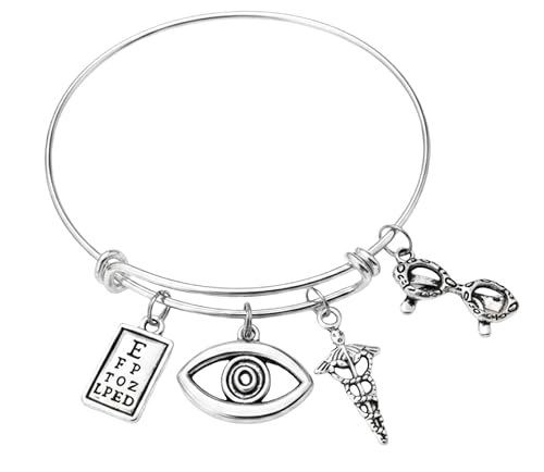 Optometrist Gift - Silver Expandable Charm Bracelet for Eye Doctor, Optometry Student Graduation Bangle, Eye Chart & Caduceus Charms, Silver Plated Handmade Jewelry