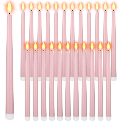 Image of Macarrie 24 Packs Flameless Taper Candles Battery Operated Fake 11 Inch Long Candlelight LED Flameless Candlesticks Flickering Tapered for Summer Fall Wedding(Pink)