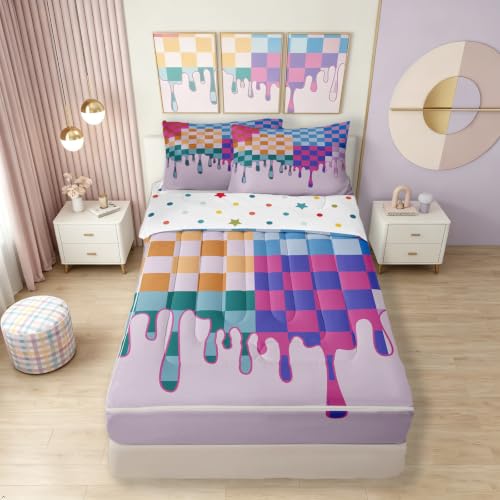 Image of Purple Blue Checkered Zipper Bedding Full - 4 Piece Zip Up Comforter Set with Fitted Sheet & Pillowcases,Durable Bed-in-a-Bag Set Bedding for Kids,Checkerboard Drip Cool Aesthetic Funky Geometric