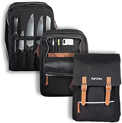 Chef Knife Bag Vintage Backpack | 30+ Pockets for Knives and Chef Tools | Knife Carrying Case with Hidden Back Pocket for Tablet | Sturdy Knife Bag for Chefs & Culinary Students (Black)