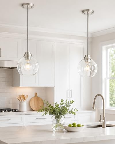 Image of Pendant Lights Kitchen Island, 7 inch Modern Brushed Nickel Hanging Lights Fixtures with Clear Glass Globe Shade, Kitchen Island Lighting for Bathroom, AD-22280-1P-SN-C