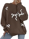 PRETTYGARDEN Fall Long Sleeve Pullover Sweaters for Women 2026 Trendy Crewneck Casual Cute Bow Chunky Knit Oversized Sweater (Brown,X-Large)