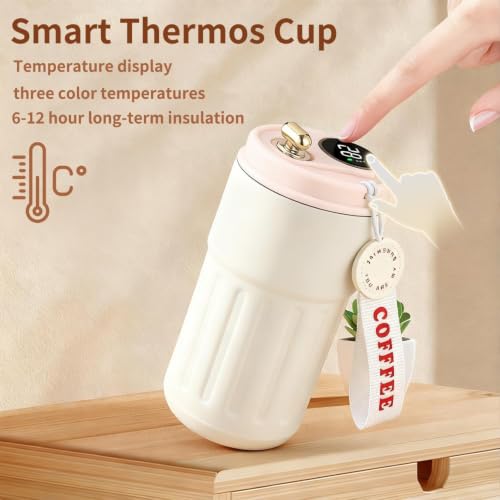 Image of Personalized Coffee Tumbler with Custom Name, Double Wall Vacuum Insulated Stainless Steel Travel Mug with Lid & Strap, Customized Hot & Cold Tea Coffee Cup, Birthday & Corporate Gifts (Cream)