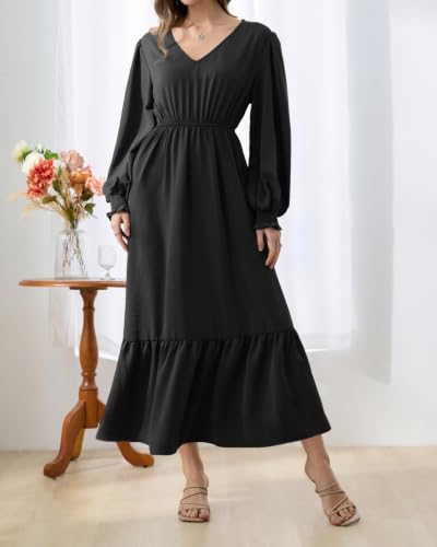 Women's Black Puff Long Sleeve Empire Waist Flowy Maxi Dress with Pockets - image 4