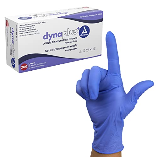 Dynarex DynaPlus Disposable Nitrile Exam Gloves, Powder-Free, Latex-Free, Strength + Value, Used by Professionals, Blue, Large, 1 Box of 200