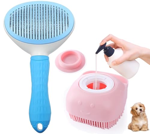Pack of 2 Dog Comb Brush Cat Grooming Brush, Self Cleaning Pet Dog Slicker Brushes with Smooth handle & Pet Massage Bath Brush Silicone Shampoo Pet Deshedding Tool Dispenser for Long Short Haired