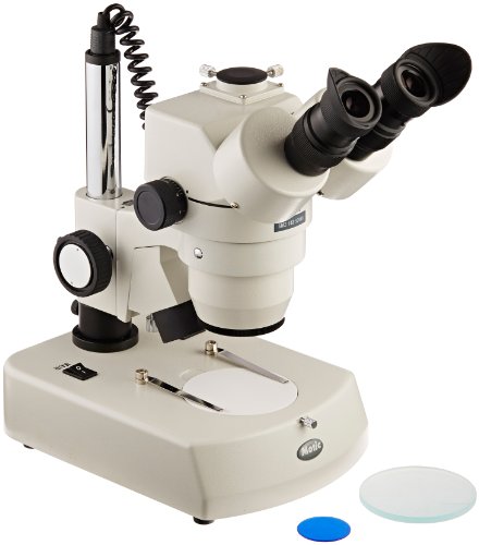 Image of Motic 1100200600421 SMZ-143-N2GG Trinocular Stereo Zoom Microscope, WF10x Eyepieces, 10x-40x Magnification, 1x-4x Zoom Objective, Greenough Optical System, Upper and Lower Halogen Illumination, Fixed Stage, 110V