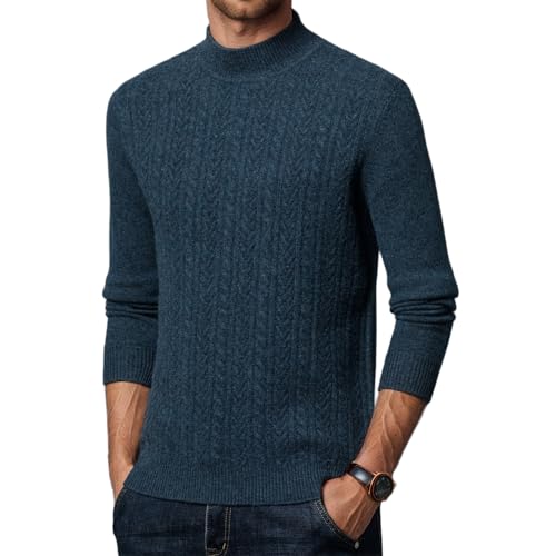Men's 100% Wool Mock Turtleneck Sweater Casual Knitted Cable Pullover Solid Thermal Sweaters