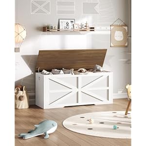 Storage Chest, 43.3" Wooden Storage Trunk, Modern Storage Bench with Safety Hinge, Toy Chest Storage, Farmhouse Style, for Bedroom, Living Room, Walnut and White MCW11WL Storage Chest 433 Wooden Storage Trunk Modern Storage Bench with Safety Hinge Toy Chest Storage Farmhouse Style for Bedroom Living Room Walnut and White MCW11WL