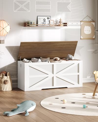 Storage-Chest-433-Wooden-Storage-Trunk-Modern-Storage-Bench-with-Safety-Hinge-Toy-Chest-Storage-Farmhouse-Style-for-Bedroom-Living-Room-Walnut-and-White-MCW11WL Storage Chest 433 Wooden Storage Trunk Modern Storage Bench with Safety Hinge Toy Chest Storage Farmhouse Style for Bedroom Living Room Walnut and White MCW11WL