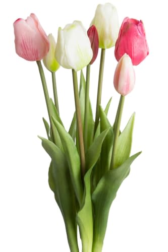 Botanic-Haus künstliches Tulpenbündel/künstlicher Tulpenbund Sandy lang mit 4 Tulpen und 3 Tulpenknospen Farbe: Creme-pink-Beauty real Touch erfrischende künstliche Blumen für Ihre Frühjahrsdeko