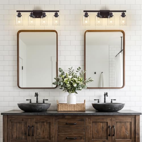 Image of Oil Rubbed Bronze Vanity Lights for Bathroom,4-Light 24 inch | Bathroom Light Fixtures,Modern Bronze Bathroom Lighting over Mirror,Clear Glass Shades,over Sink