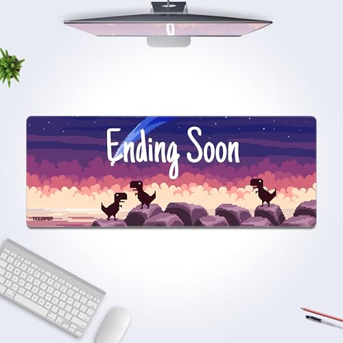 Image of Stitched Pixel Art Dinosaur Extended Mousepad (12x31) - Ending Soon Design Gaming Deskmat for Laptop, Desktop, PC (Stitched Edges, XL)