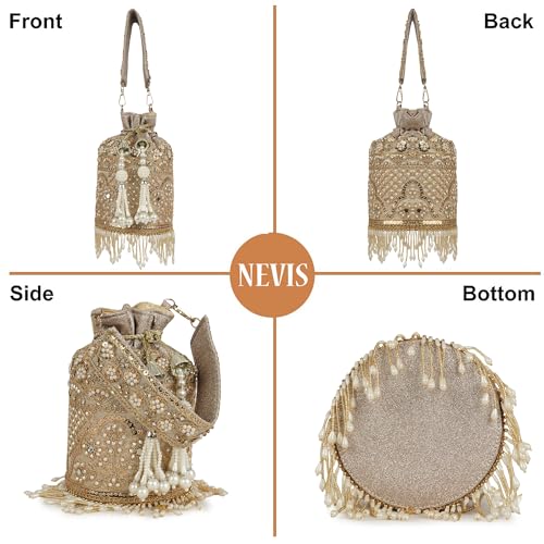 Image of Nevis Silk Fabric Designe Embroidered Potli Bag with Pearl Tassels & Beaded Strap | Bridal Ethnic Drawstring Clutch for Wedding