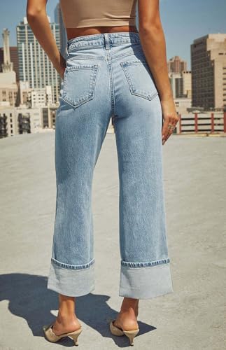 loveimgs Women Casual High Waisted Wide Leg Cuffed Jeans Boyfriend Flare Denim Pants Roll Up Unity Cargo Jeans4