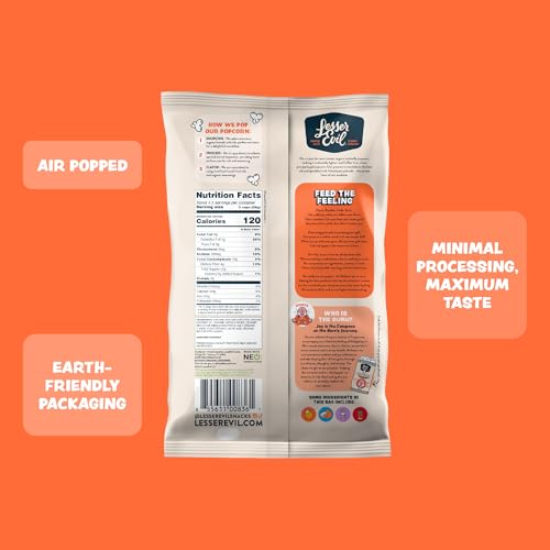 Image of LesserEvil No Cheese Cheesiness Organic Popcorn, Premium Quality, Minimally Processed, No Vegetable Oil, 4.6 Oz, Pack of 3.