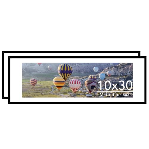 JCJMY 10x30 Picture Frame with 8x24 Mat Set of 2 Display Photo 8x24 with Mat or 10 x 30 Without Mat Wall Hanging Large 10 by 30 Poster Frame with Plexiglass 2 Pack Black
