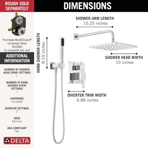Image of Delta Modern 14 Series Square Rain Shower System Faucet Set, Rainfall Chrome Shower Head and Handle Set, Valve Trim Kit, 10 Inch, Chrome T342701 (Valve Not Included)