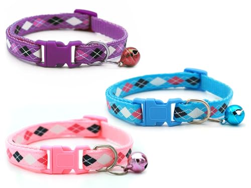Image of Cat & Puppy Collar with Bell,Kitten & Small Dogs Soft Adjustable,Safe,Solid & Protective Breakaway for Cats & Puppies,Cute Kitty Neckband with Diamond Print-(Purple,Blue,Pink)