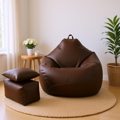 Image of 5XL Premium Leatherette Bean Bag with Rectangular Footrest & Cushion | High Density EPS Beans Filled | Teardrop Shape with Handle | 6 Months Warranty (Brown, 5XL Combo Pack, Solid)