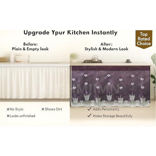 Image of Embroidered Kitchen Sink Curtain with Rod Pocket | Decorative Under Sink Cabinet Curtain | Floral & Peacock Design | Washable Fabric | Size: 150 x 71 CM (Purple, Pack of 2)