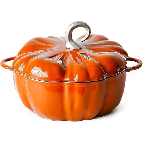PRMTYUP KüRbis-Cocotte, KüRbis-Schmortopf Mit Deckel, Emaillierter Gusseisen-Kochtopf, Antihaftbeschichteter KüRbistopf, Schmortopf, Suppentopf, Dekorationstopf,Orange,3.7L
