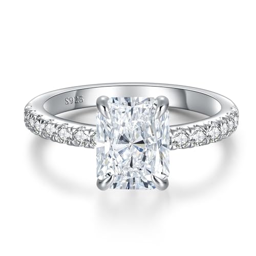 LOIPURI 3CT Radiant Cut Moissanite Engagement Ring for Women, D Color VVS1, 925 Sterling Silver with 14K White Gold Plating, Wedding Anniversary Promise Gift, Size 6