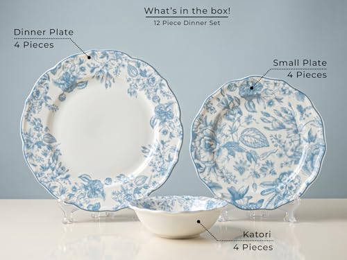 Image of Bodhi House Porcelain Dinner Set 12 Pieces - Blue Leaf White Dinnerware Set | 4 Dinner Plates, 4 Quarter Plates, 4 Katori Bowls | Premium Crockery Set for Dining, Kitchen & Gifting