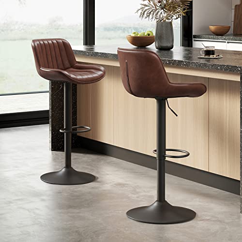 Volans Bar Stools Set Of 4, Mid Century Modern Faux Leather Swivel Adjustable Height Bar Stool, Counter Height Pub Bar Chair With Back, Black Powder Coated Base, Cognac #TOP6