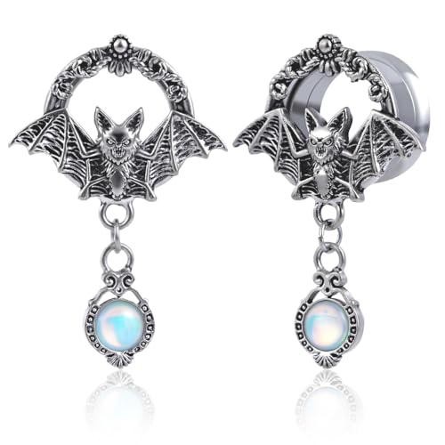 2PCS Stainless Steel Ear Dangle Gauges Plugs Bat Skull Chain Screw Fit Flared Ear Tunnels and Plugs Expander Earrings For Women Men Body Piercing Jewelry